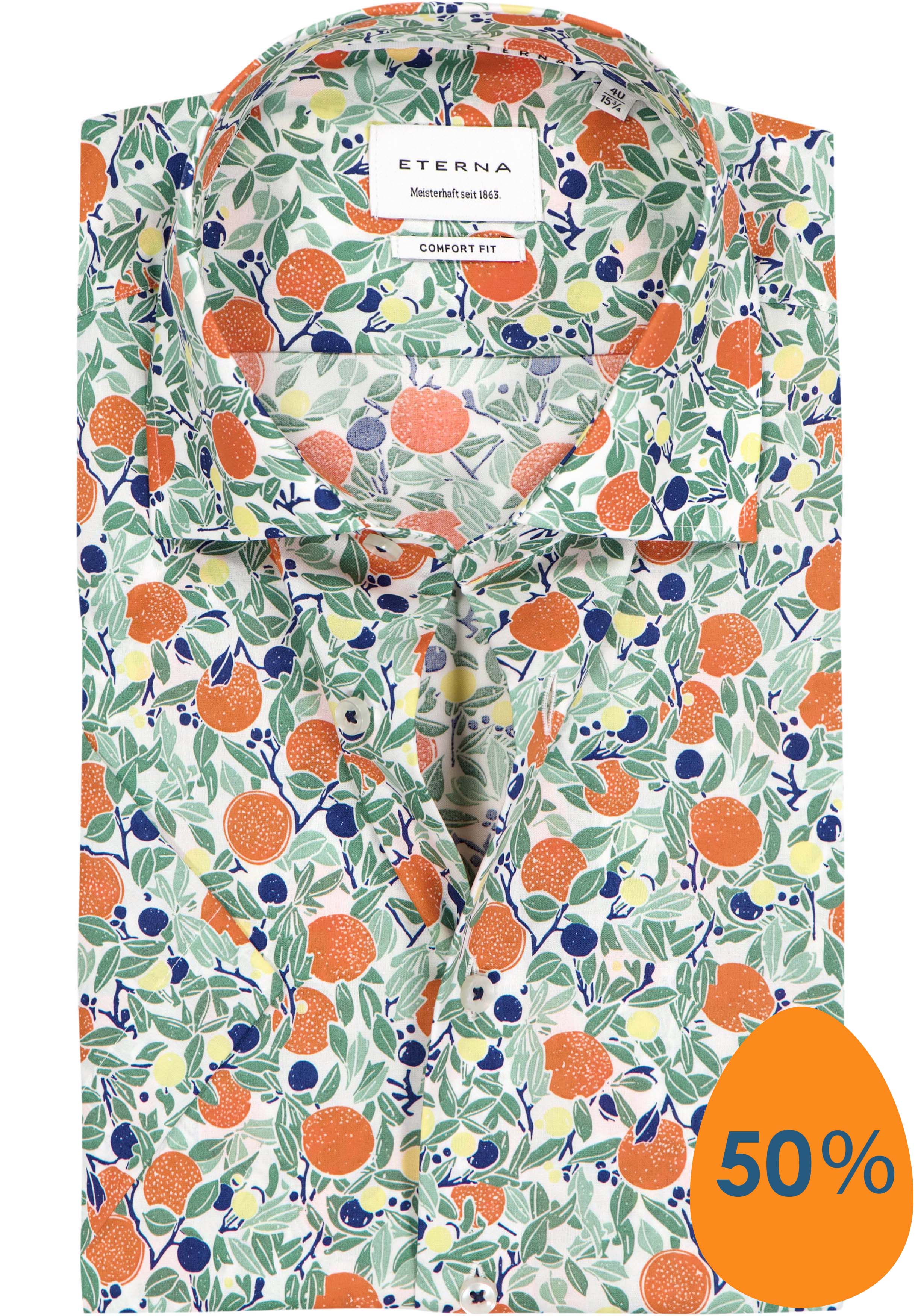 ETERNA comfort fit overhemd korte mouw, popeline, wit met groen, blauw en oranje fruit dessin